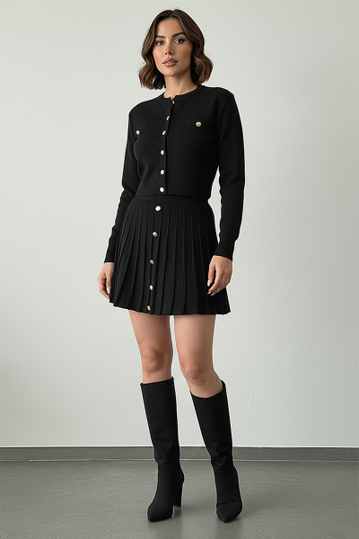 Siyah Triko Etek Düğmeli Bluz Alt Üst Takım