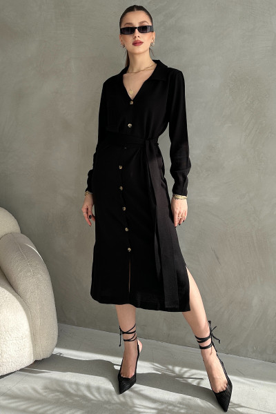Siyah Triko Gömlek Yaka Midi Elbise