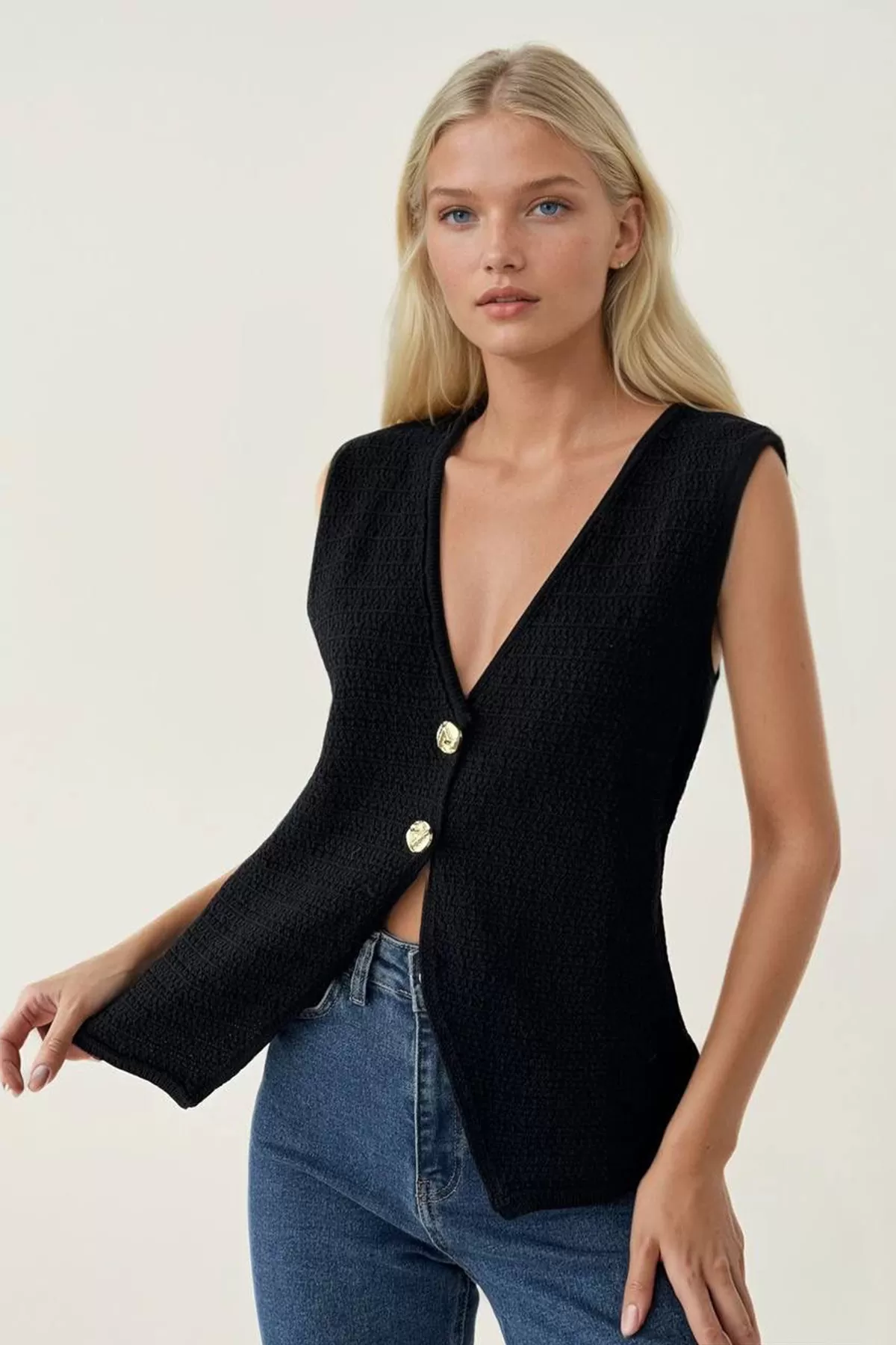 Siyah Triko Kadın Yelek Bluz