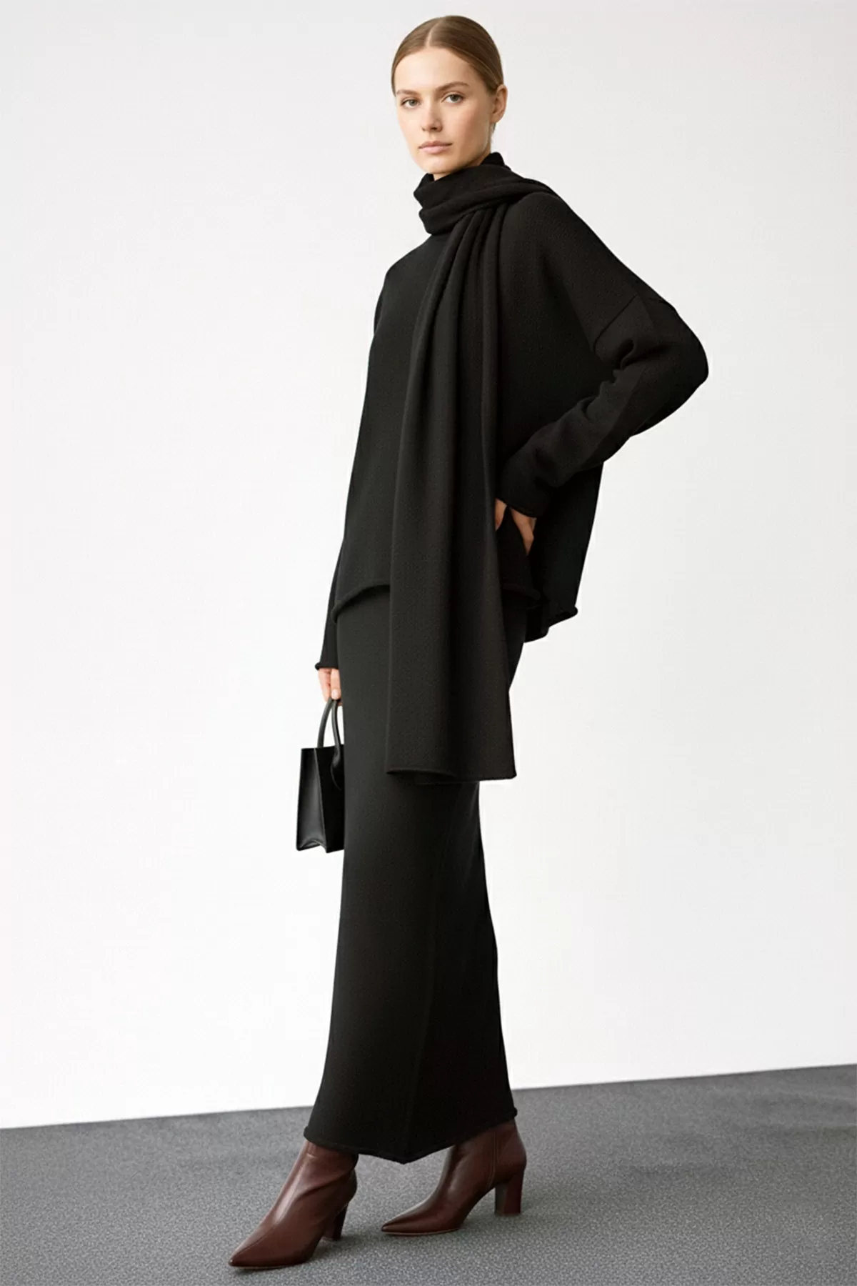 Siyah Triko Kazak Etek Şal Atkı Üçlü Takım