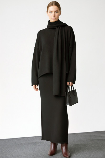 Siyah Triko Kazak Etek Şal Atkı Üçlü Takım