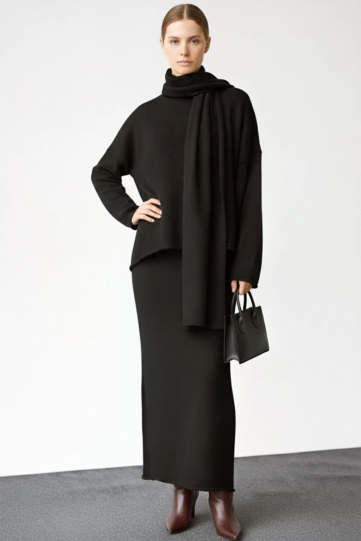 Siyah Triko Kazak Etek Şal Atkı Üçlü Takım