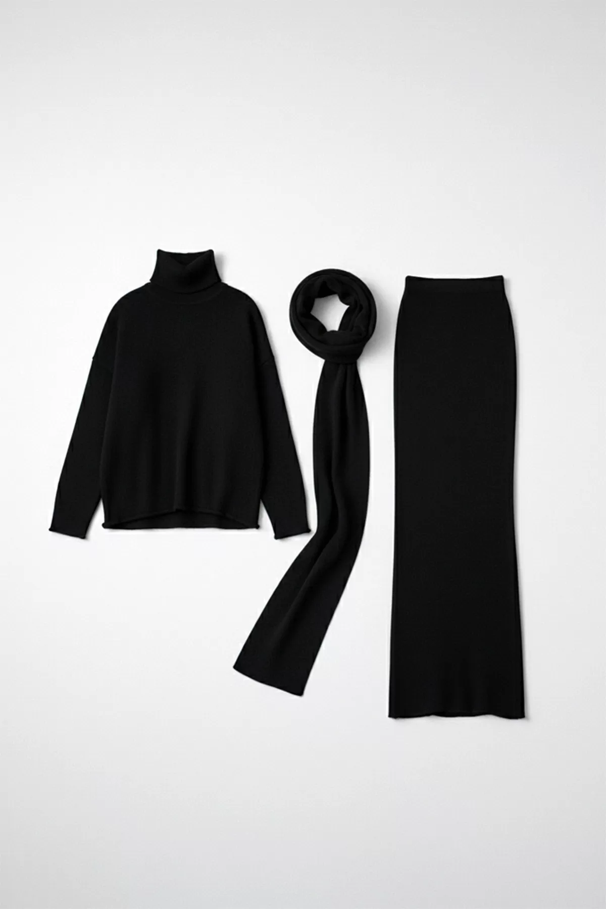 Siyah Triko Kazak Etek Şal Atkı Üçlü Takım