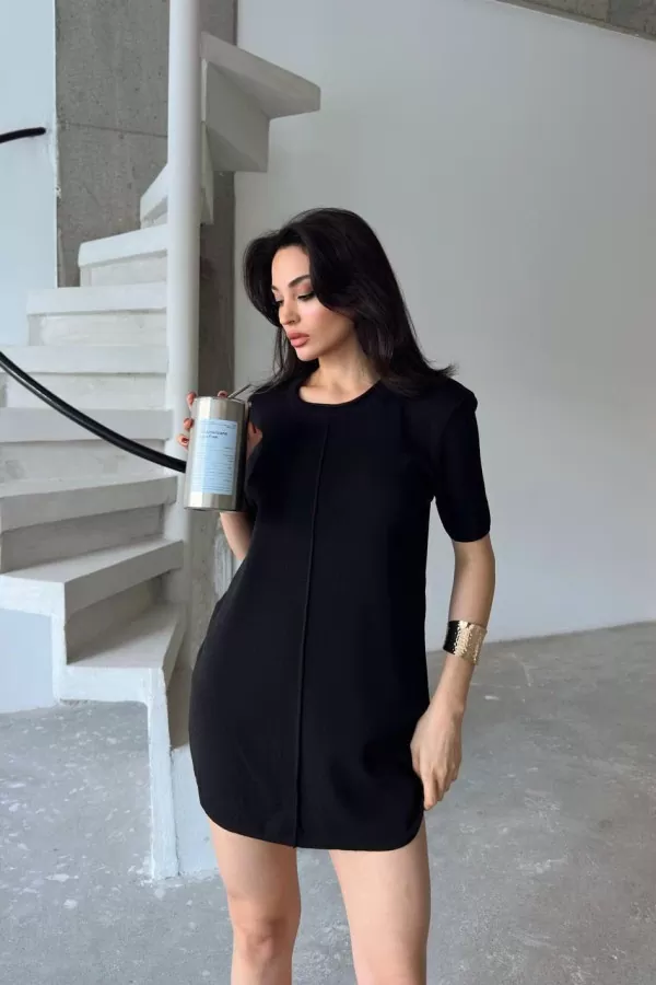 Siyah Triko Kısa Kollu Süper Mini Elbise