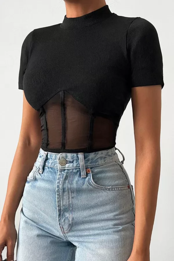 Siyah Tül Detaylı Kadın Body