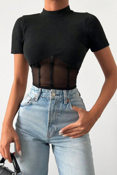 Siyah Tül Detaylı Kadın Body