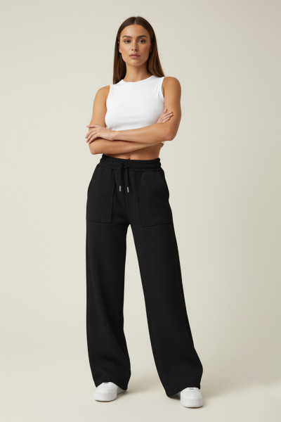 Siyah Üç İplik Rahat Kesim Şardonlu Kadın Eşofman Altı