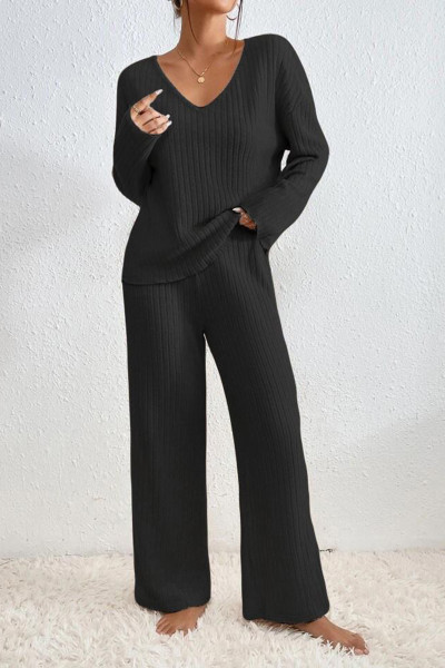 Siyah V Yaka Bluz Pantolon Kadın Alt Üst Takım