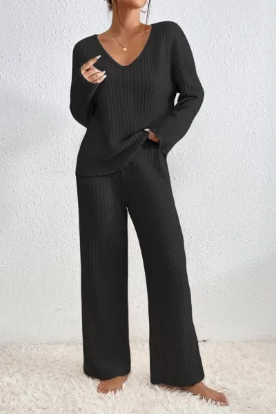Siyah V Yaka Bluz Pantolon Kadın Alt Üst Takım