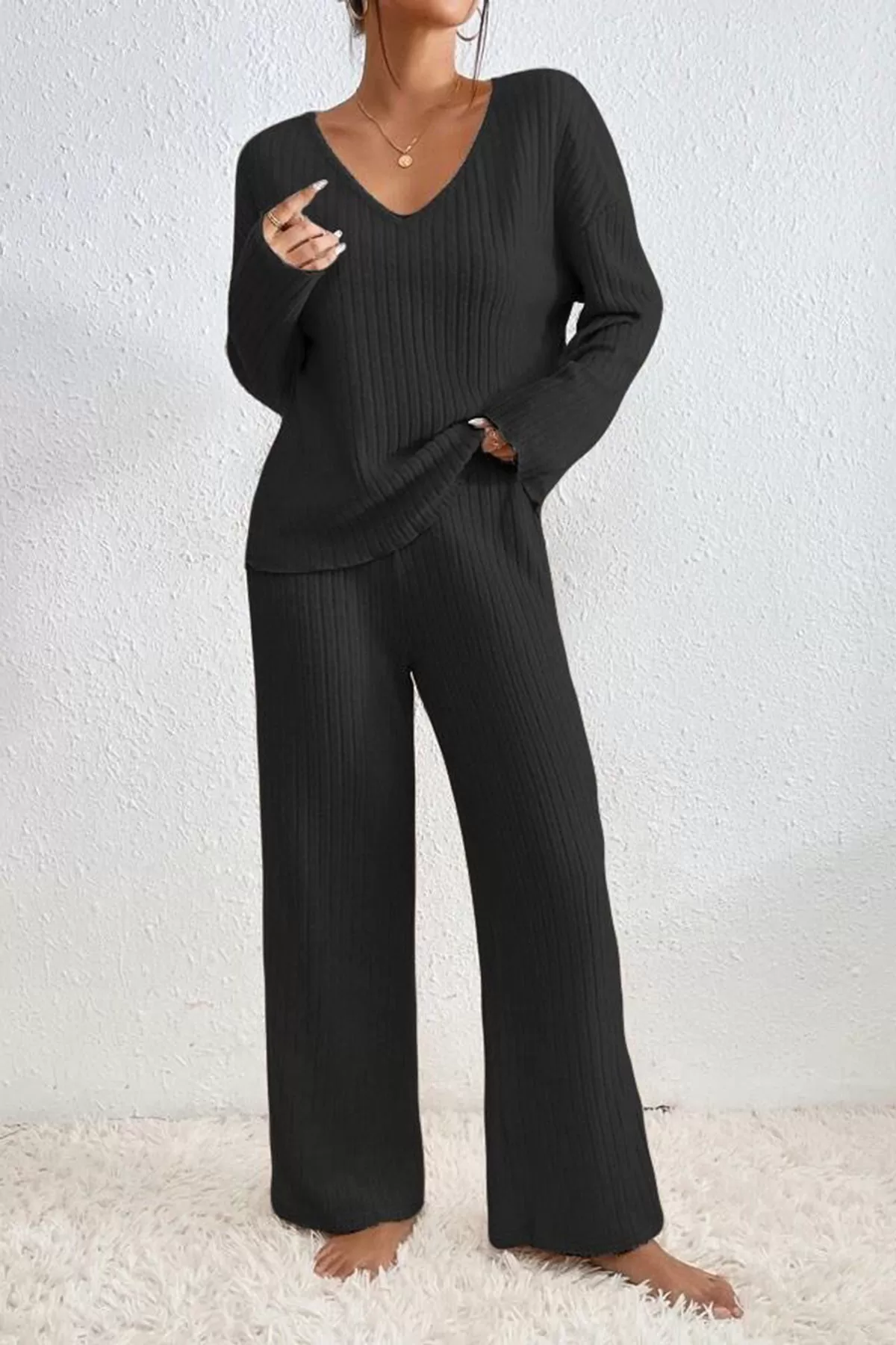 Siyah V Yaka Bluz Pantolon Kadın Alt Üst Takım
