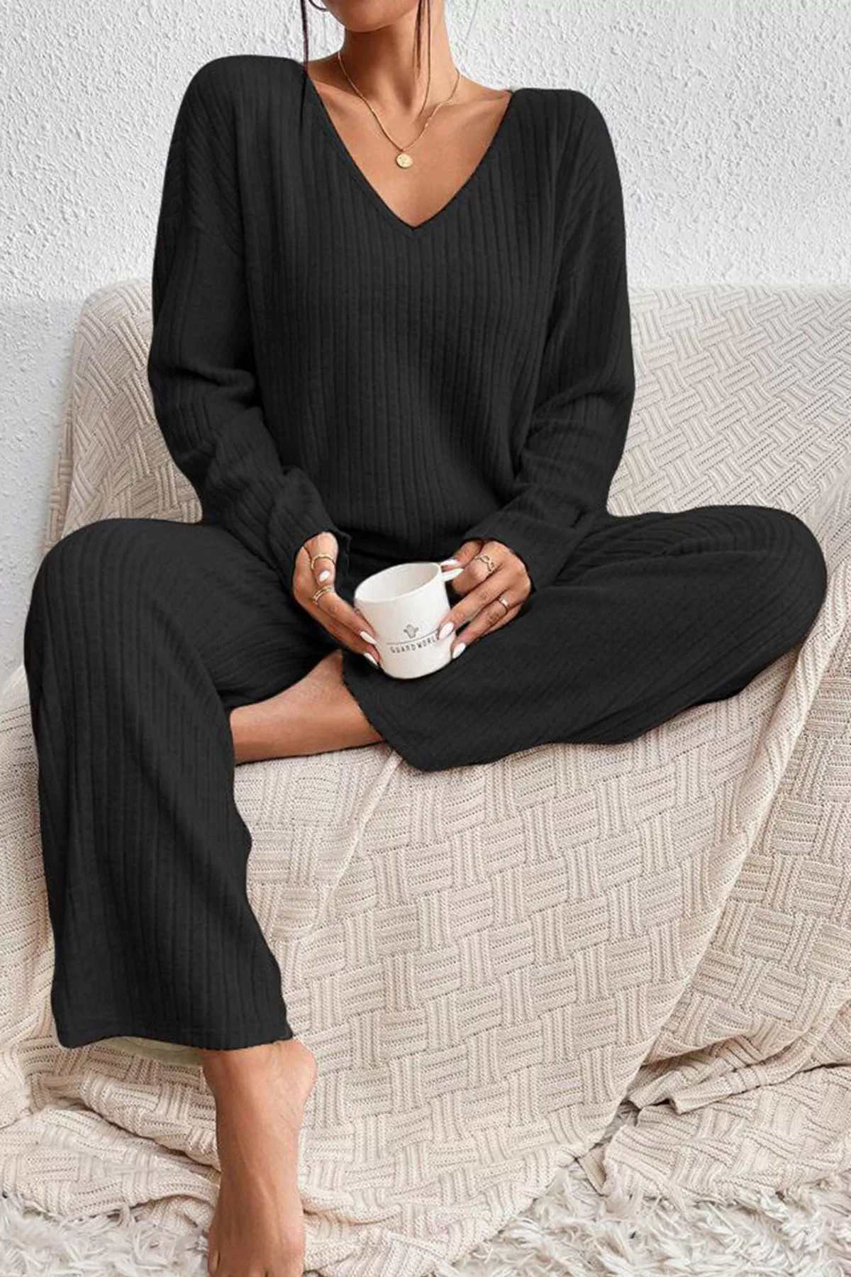 Siyah V Yaka Bluz Pantolon Kadın Alt Üst Takım