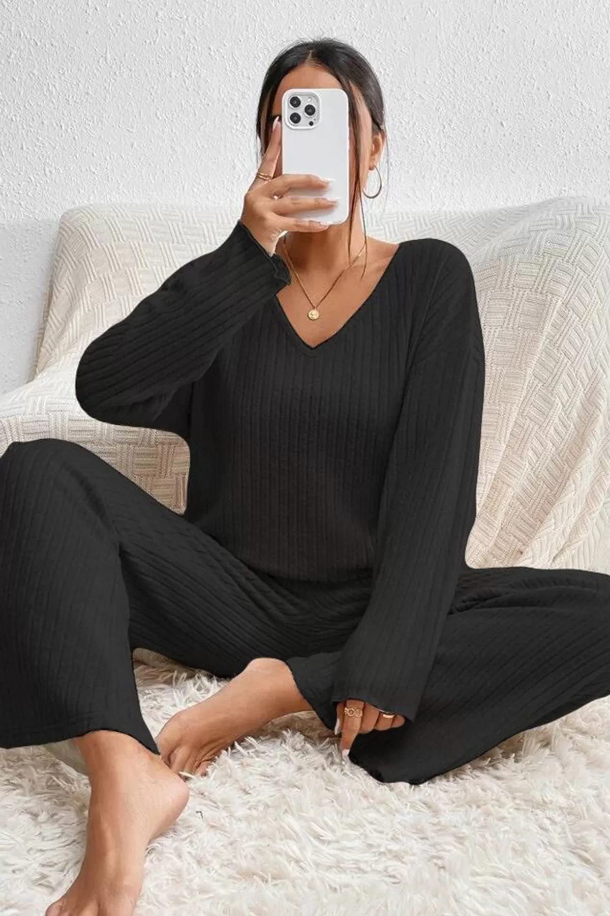 Siyah V Yaka Bluz Pantolon Kadın Alt Üst Takım