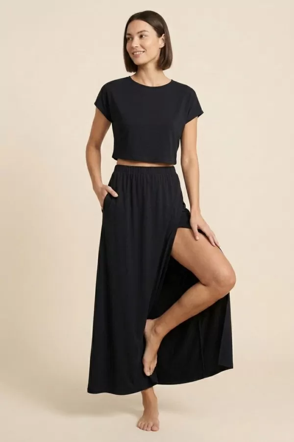 Siyah Viskon Crop Bluz Etek İkili Takım