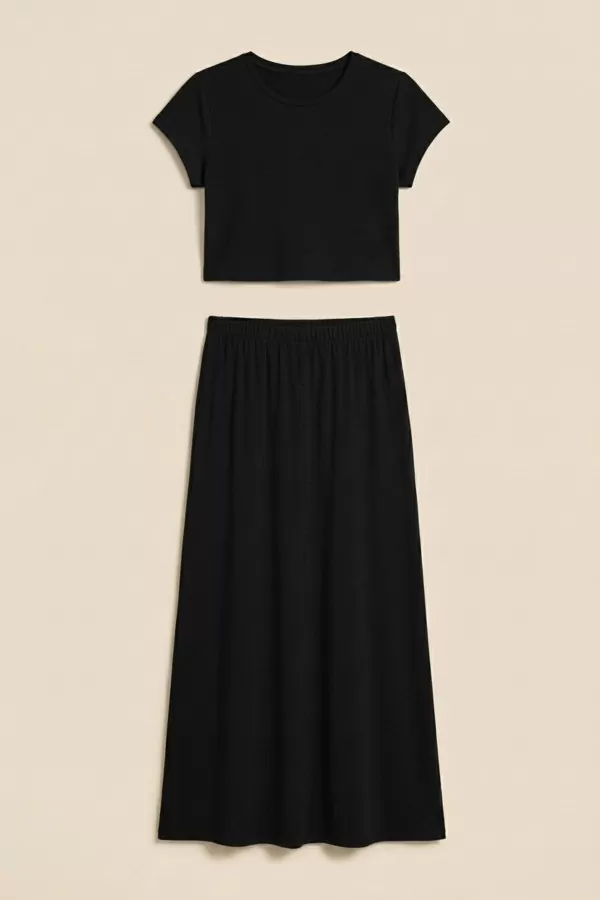Siyah Viskon Crop Bluz Etek İkili Takım