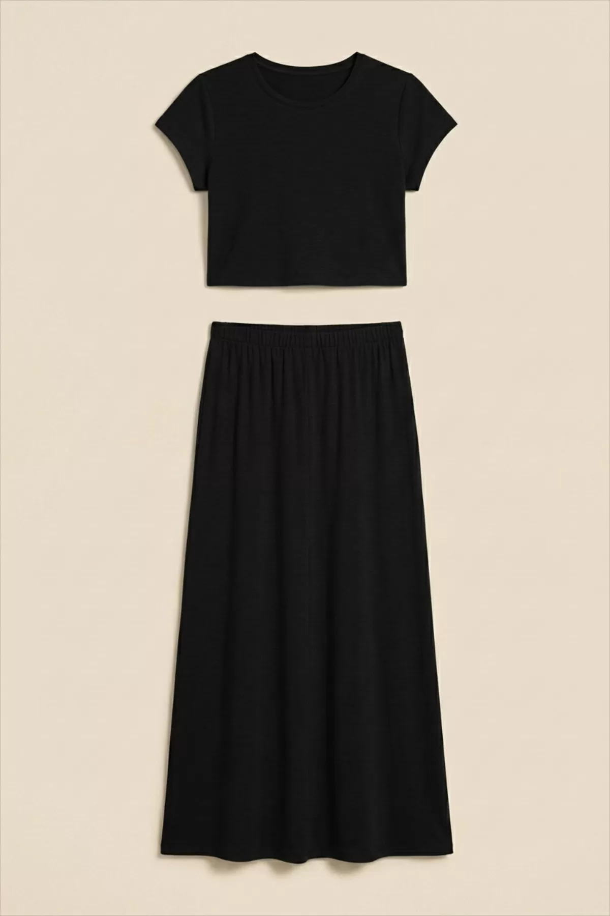 Siyah Viskon Crop Bluz Etek İkili Takım
