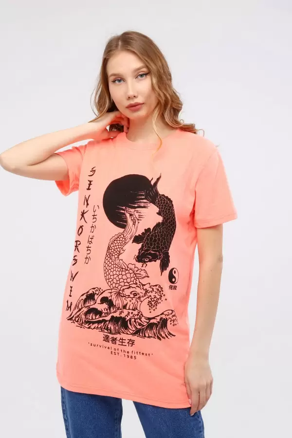 Siyah Baskılı Somon Pamuklu Kadın T-Shirt