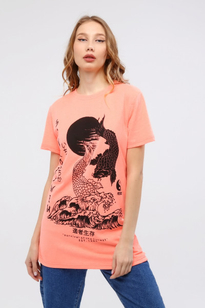 Siyah Baskılı Somon Pamuklu Kadın T-Shirt