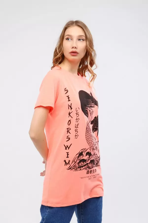 Siyah Baskılı Somon Pamuklu Kadın T-Shirt