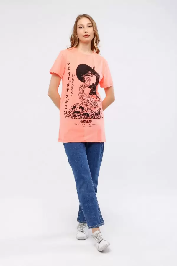 Siyah Baskılı Somon Pamuklu Kadın T-Shirt