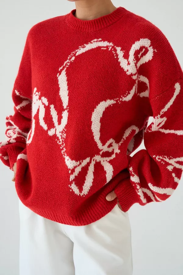 Soyut Desenli Kırmızı Kadın Kazak