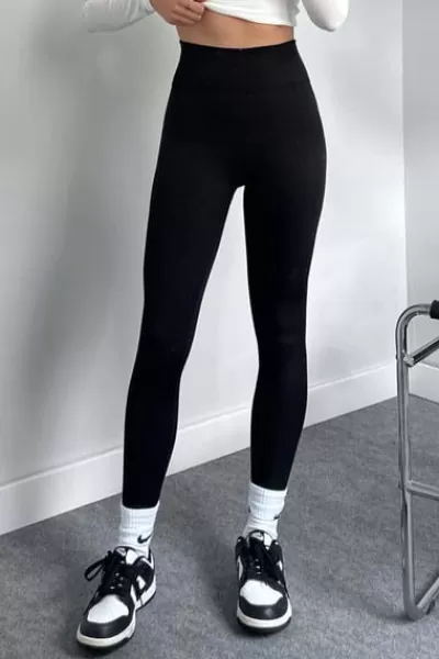 Siyah Süper Yüksek Bel İçi Şardonlu Fitilli Tayt