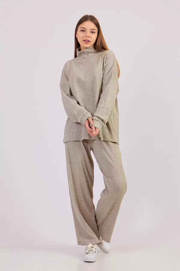 Sütlü Kahve Kadın Kaşkorse Bluz Pantolon Takım