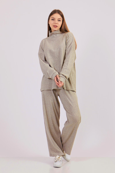 Sütlü Kahve Kadın Kaşkorse Bluz Pantolon Takım