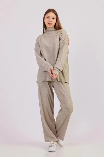 Sütlü Kahve Kadın Kaşkorse Bluz Pantolon Takım