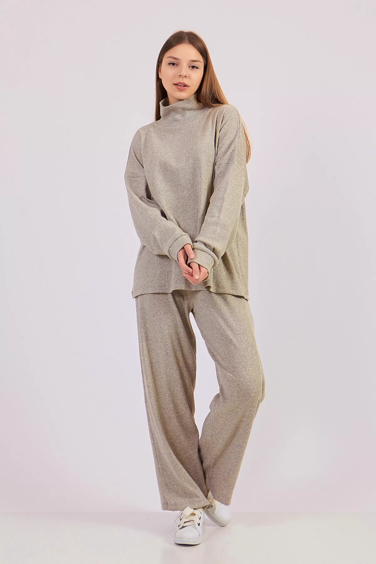 Sütlü Kahve Kadın Kaşkorse Bluz Pantolon Takım