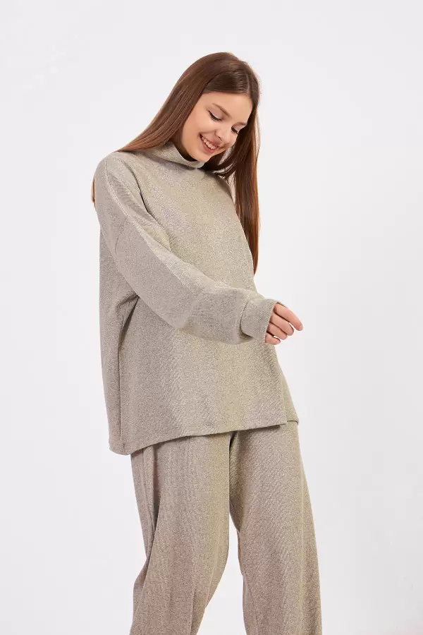 Sütlü Kahve Kadın Kaşkorse Bluz Pantolon Takım