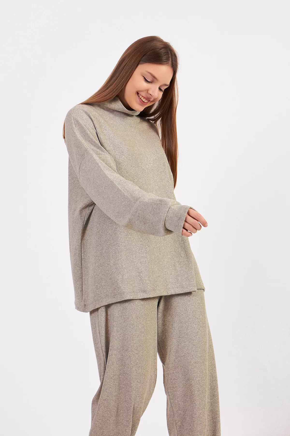 Sütlü Kahve Kadın Kaşkorse Bluz Pantolon Takım