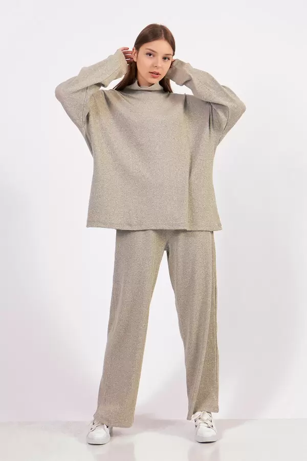 Sütlü Kahve Kadın Kaşkorse Bluz Pantolon Takım