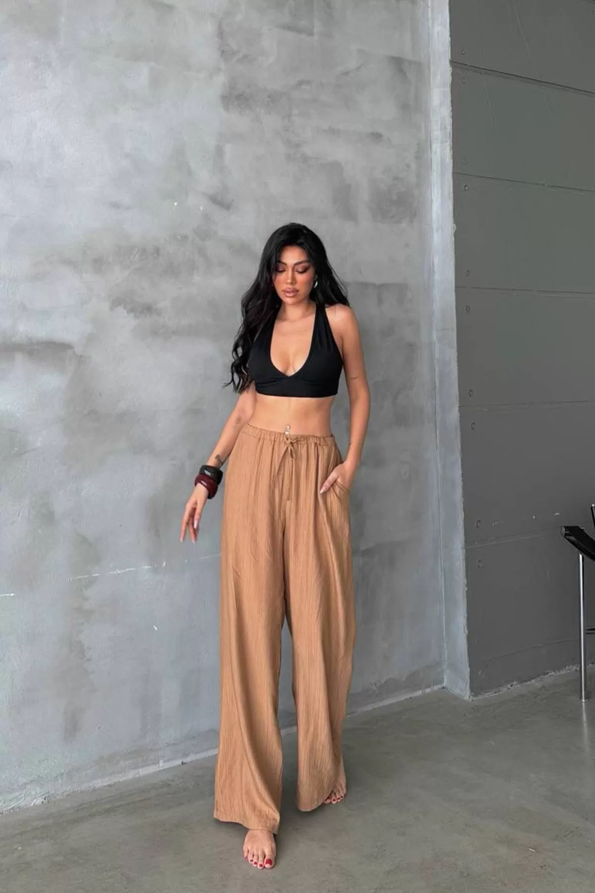 Sütlü Kahve Keten Kadın Pantolon