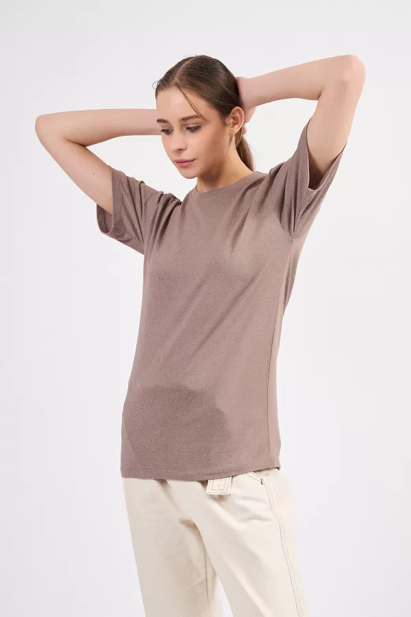 Sütlü Kahve Pamuklu Basic Kadın T-Shirt