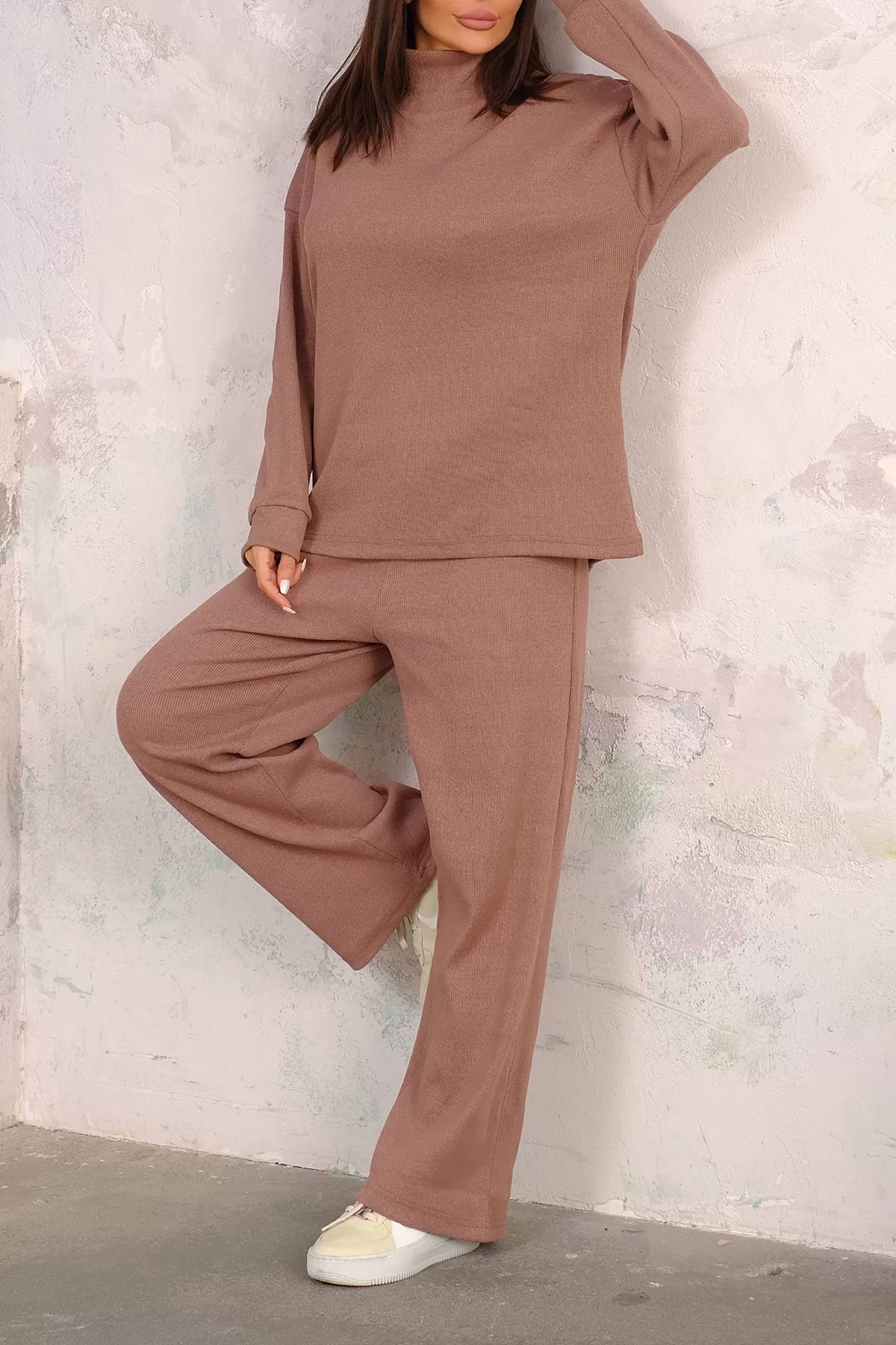 Sütlü Kahve Tunik Pantolon Alt-Üst Kadın İkili Takım