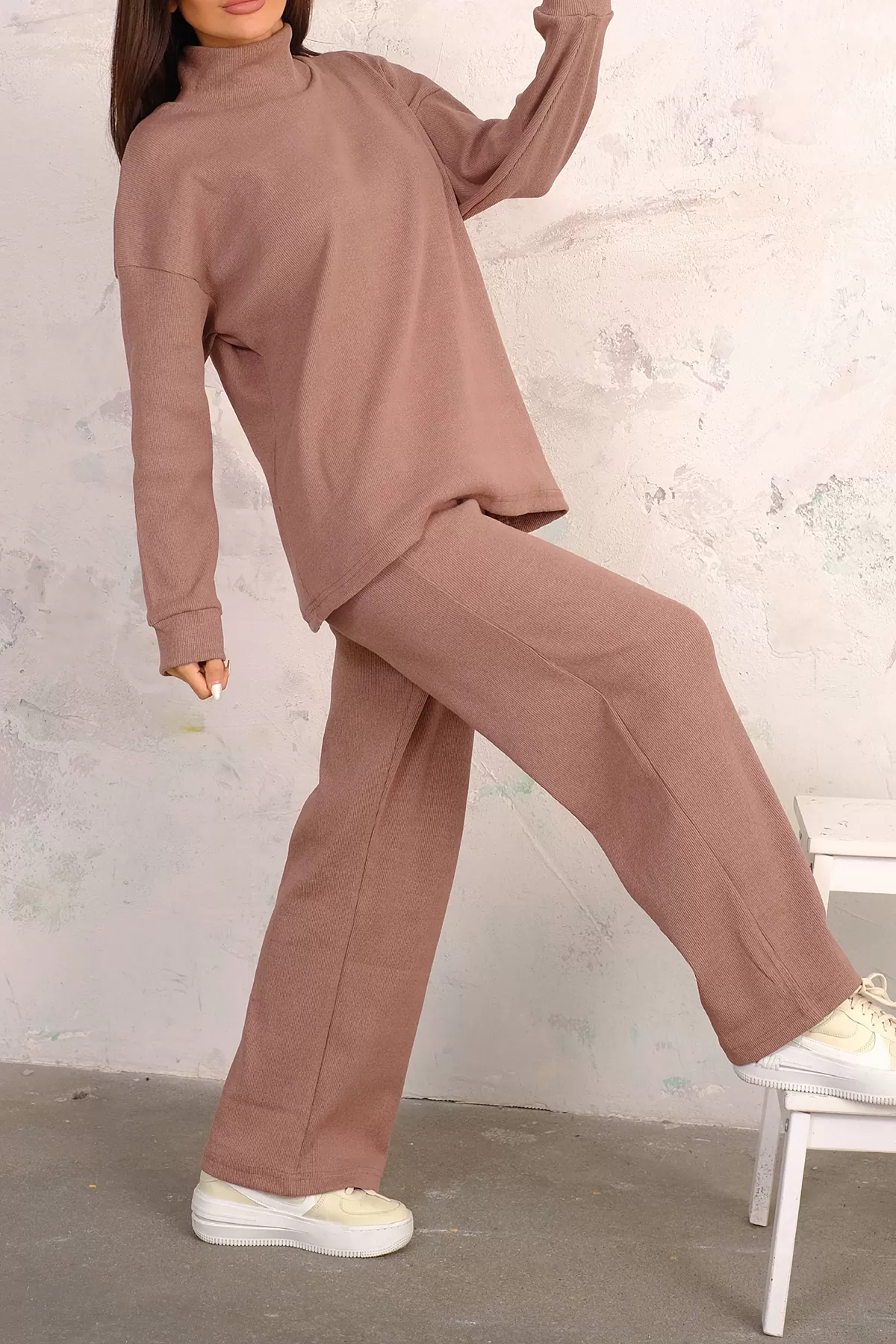 Sütlü Kahve Tunik Pantolon Alt-Üst Kadın İkili Takım