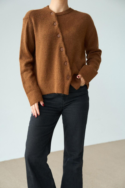 Taba Yünlü Asimetrik Düğme Kapamalı Kadın Hırka