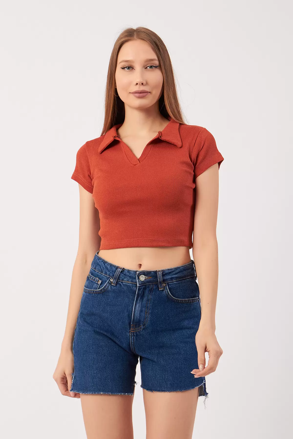 Tarçın Pamuklu Kaşkorse Crop Bluz
