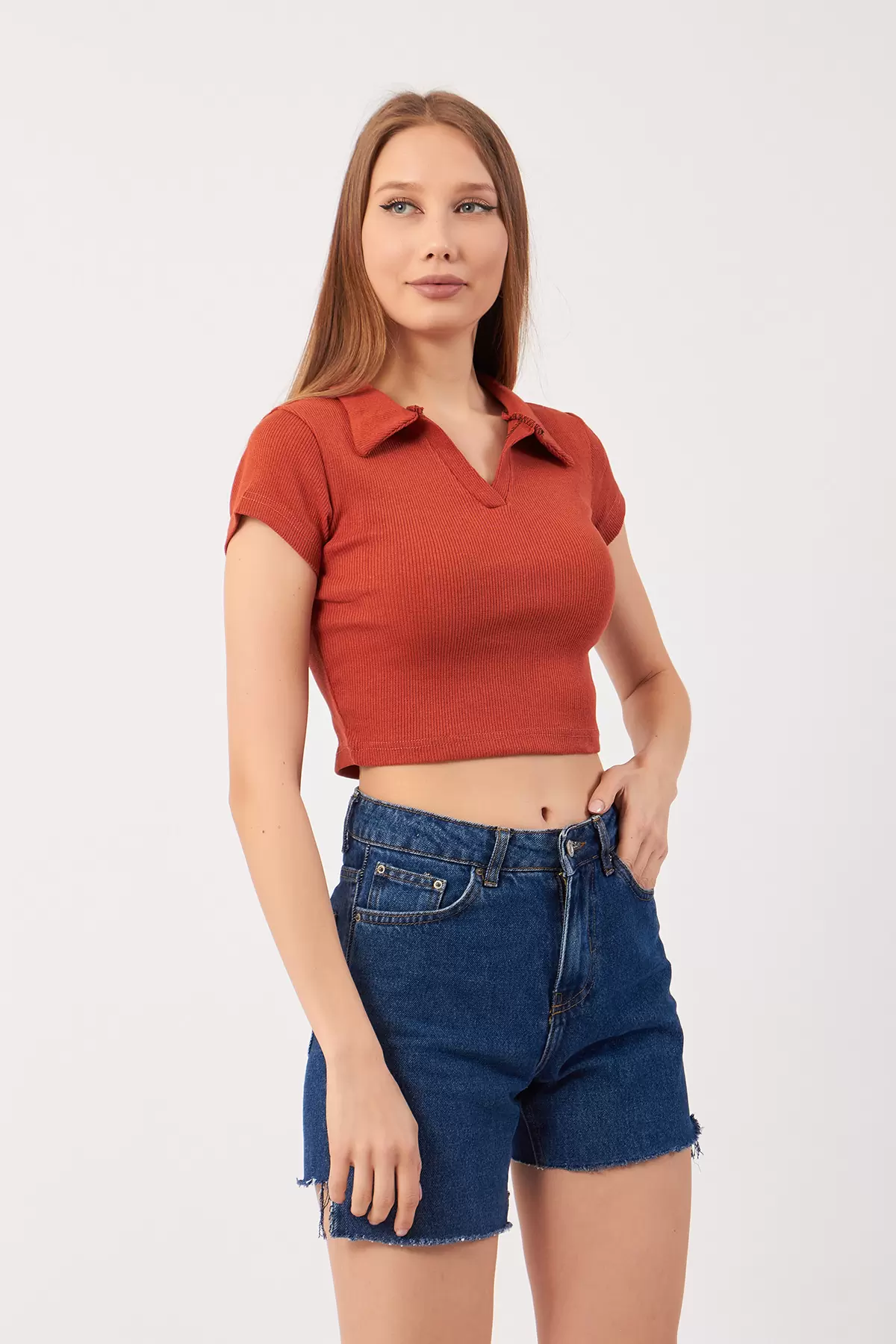 Tarçın Pamuklu Kaşkorse Crop Bluz