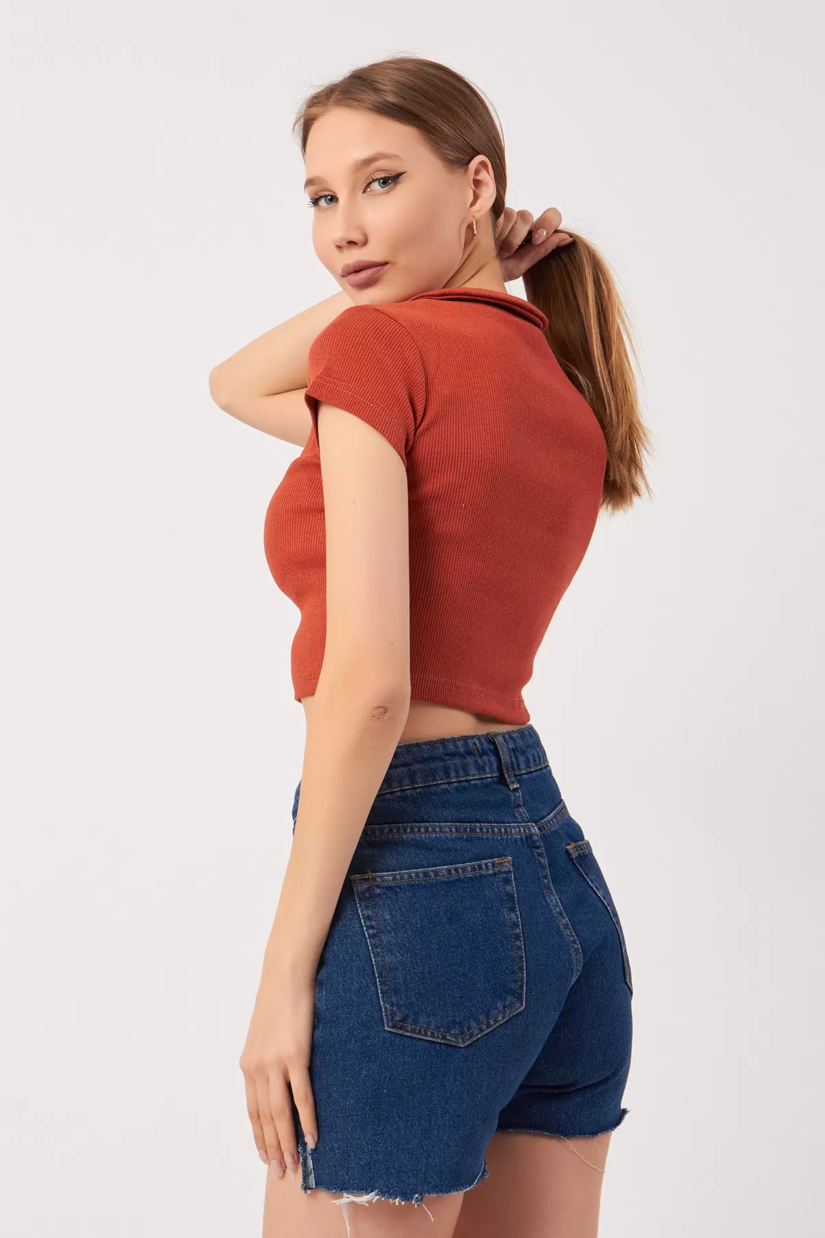 Tarçın Pamuklu Kaşkorse Crop Bluz