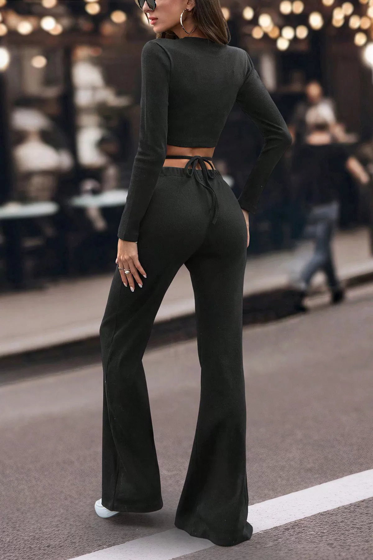 Taş Baskılı Siyah Pamuklu Crop Bluz Pantolon Kadın Takım