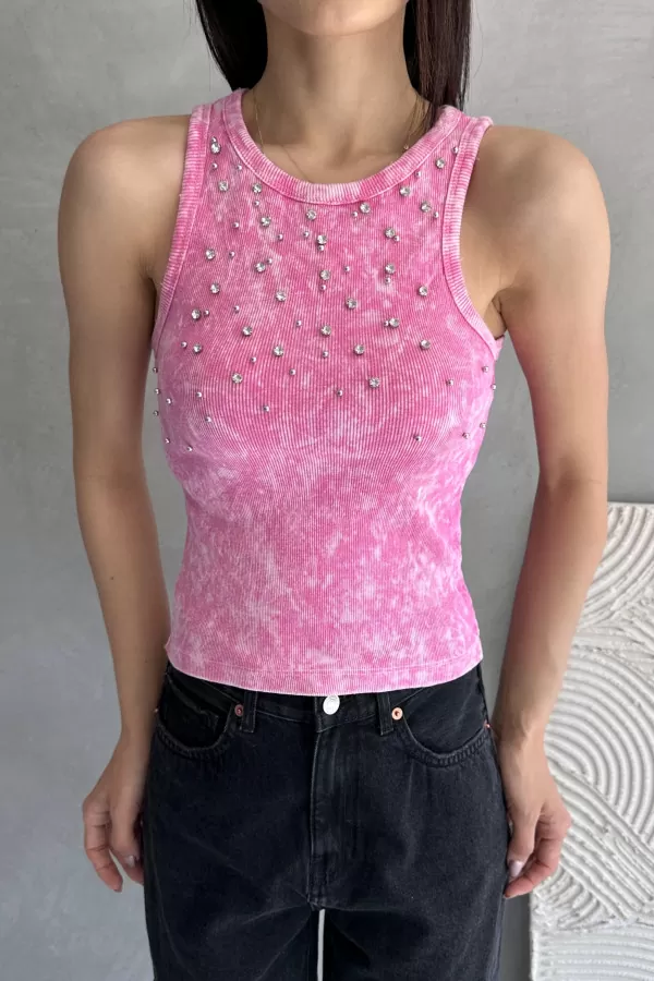 Taş Detaylı Pembe Yıkamalı Body