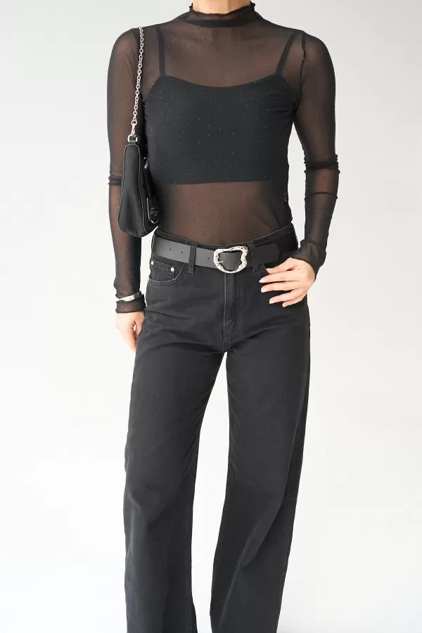 Taş Detaylı Siyah Tül Bluz