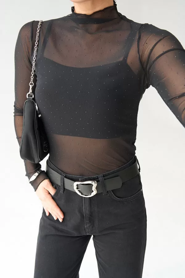 Taş Detaylı Siyah Tül Bluz