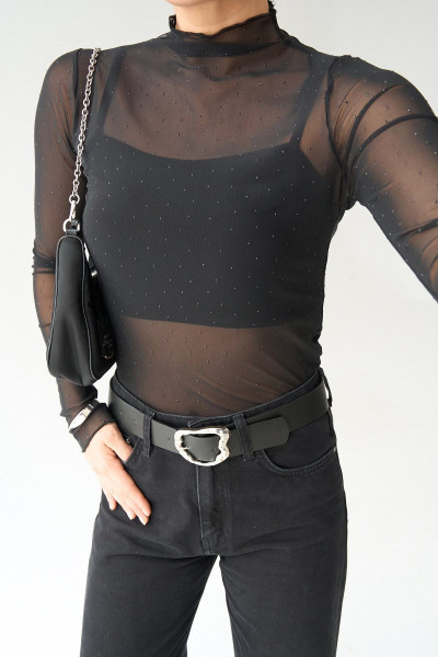 Taş Detaylı Siyah Tül Bluz