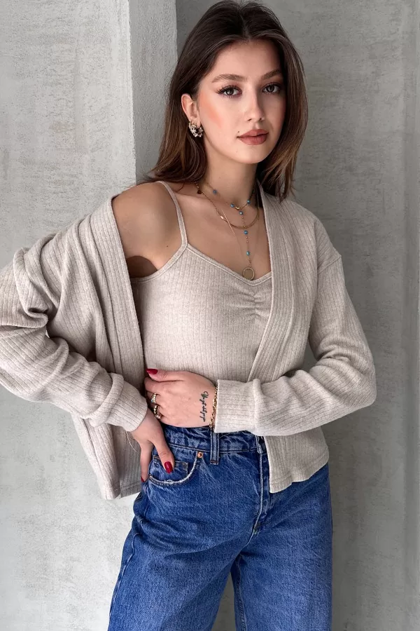 Taş Rengi Atlet Hırka İkili Takım