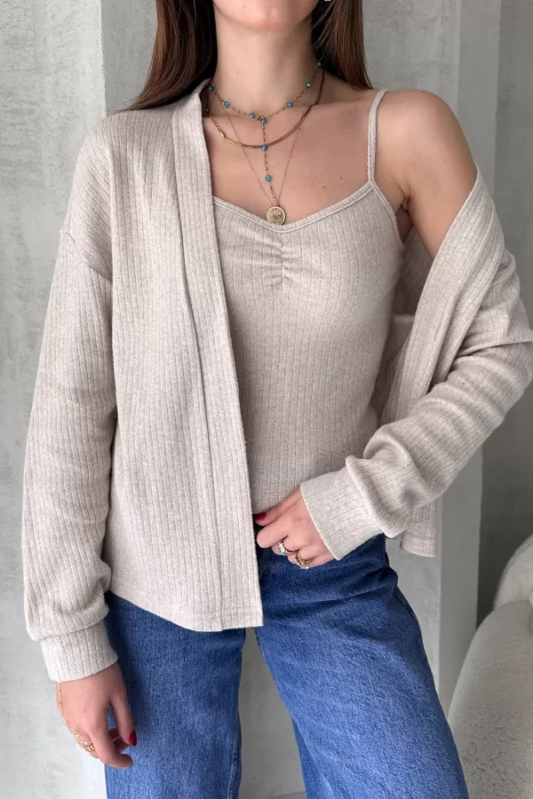 Taş Rengi Atlet Hırka İkili Takım