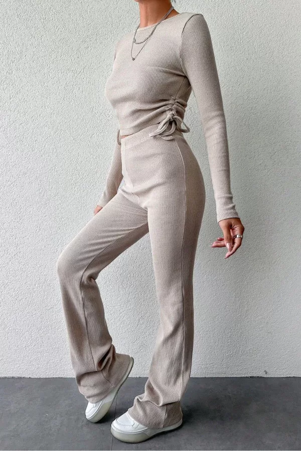 Taş Rengi Bisiklet Yaka Bluz Pantolon Kadın Alt Üst Takım