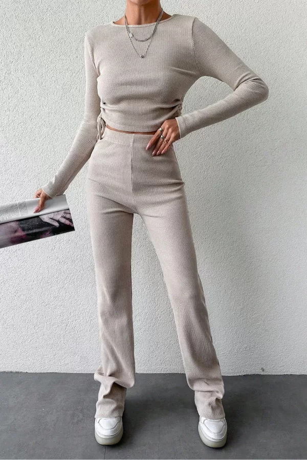 Taş Rengi Bisiklet Yaka Bluz Pantolon Kadın Alt Üst Takım
