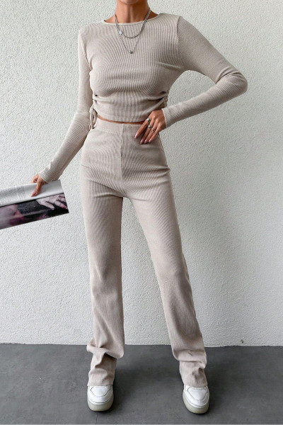 Taş Rengi Bisiklet Yaka Bluz Pantolon Kadın Alt Üst Takım